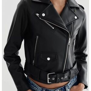 Zara Black Faux Leather biker Jacket with Belt